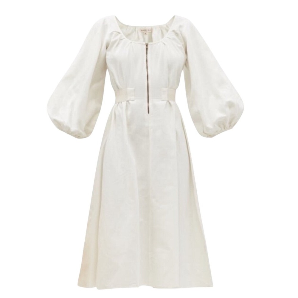 Wiggy Kit Midi Dress White Cotton Lantern Sleeve Zip Front Pleated Waist M